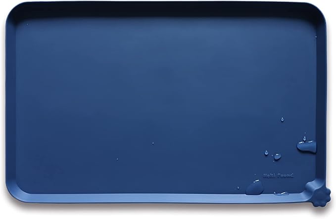Hoki Found Large Silicone Pet Food Mat - Non Slip Dog, Cat Bowl Mat Tray - Waterproof Feeding Placemat - Indigo Ink