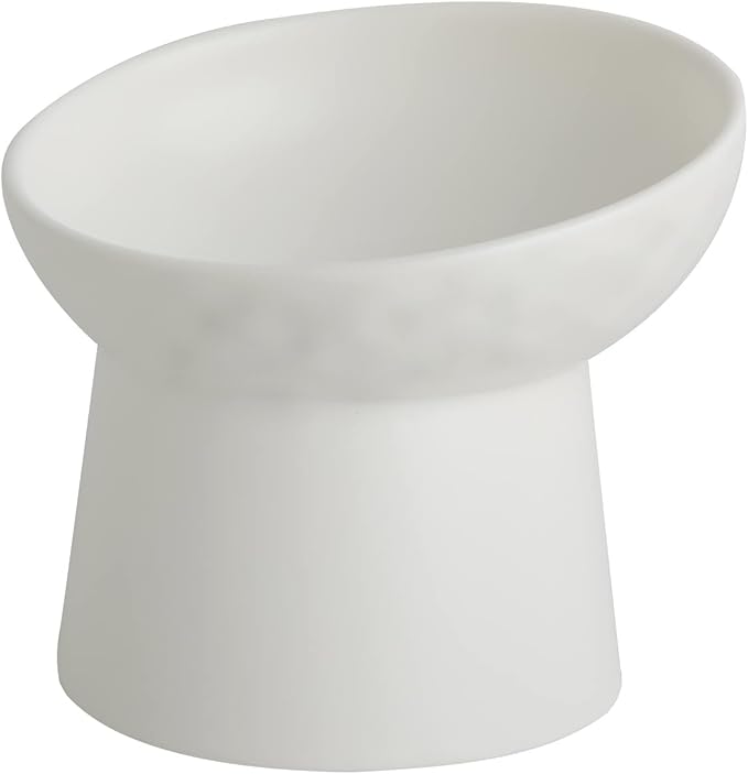 Small Ceramic Raised Cat Bowls, Tilted Elevated Food or Water Bowls, Stress Free, Backflow Prevention, Dishwasher and Microwave Safe, Lead & Cadmium Free(White)