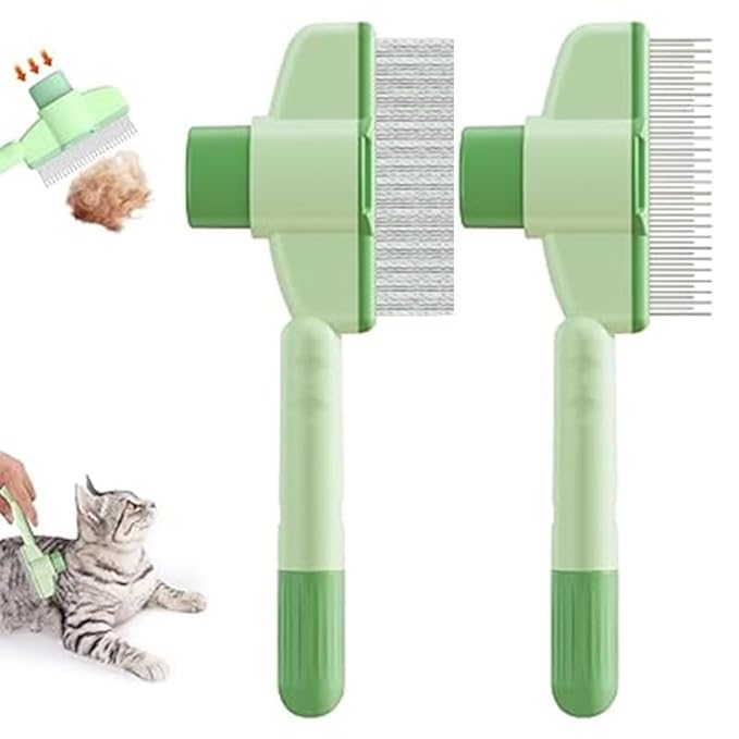 Cat Comb Dog Comb Pet Hair Removal Tool Flea for Cats and Dog Lice Cat Brush with Release Button Self-Cleaning with Long & Short Stainless Steel Metal Teeth for Shedding