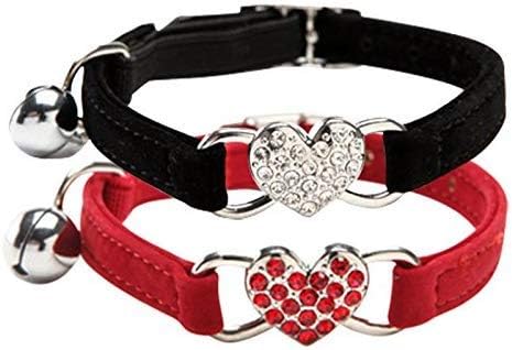 CHUKCHI Pink Soft Velvet Safe Cat Adjustable Collar with Crystal Heart Charm and Bells 8-11 Inches(Black+Red)