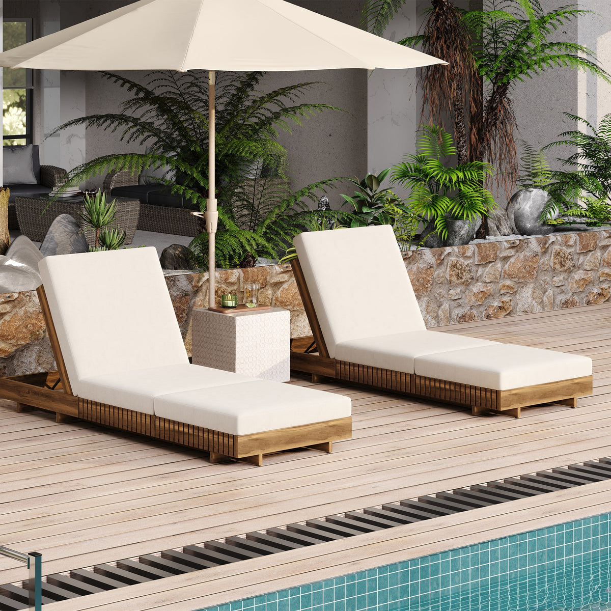 Lounge Chaise Set, Acacia Solid Wood with Cream Lounge Cushion