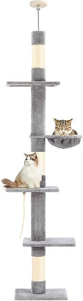Cat Tree 5-Tier Floor to Ceiling, 89-109 Inch Adjustable Height Cat Tower with Cozy Hammock, Cat Climbing Tree for Indoor Cats, Gery