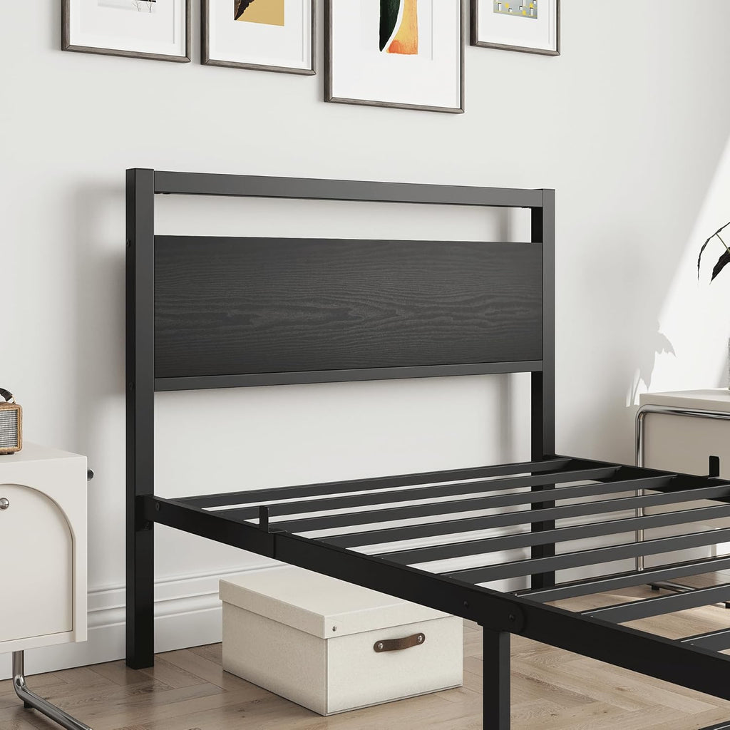 Black Twin Bed Frame with Wood Headboard,Metal Single Platform Bed Frame Twin Size No Box Spring Needed,Heavy Duty Metal Slats Support,Mattress Base,Noise Free,Easy Assembly,Black