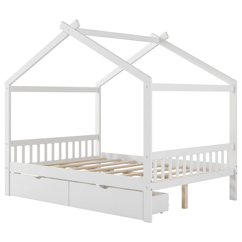 House Style Platform Bed With Headboard, Footboard, 2 Drawers, And Roof Design