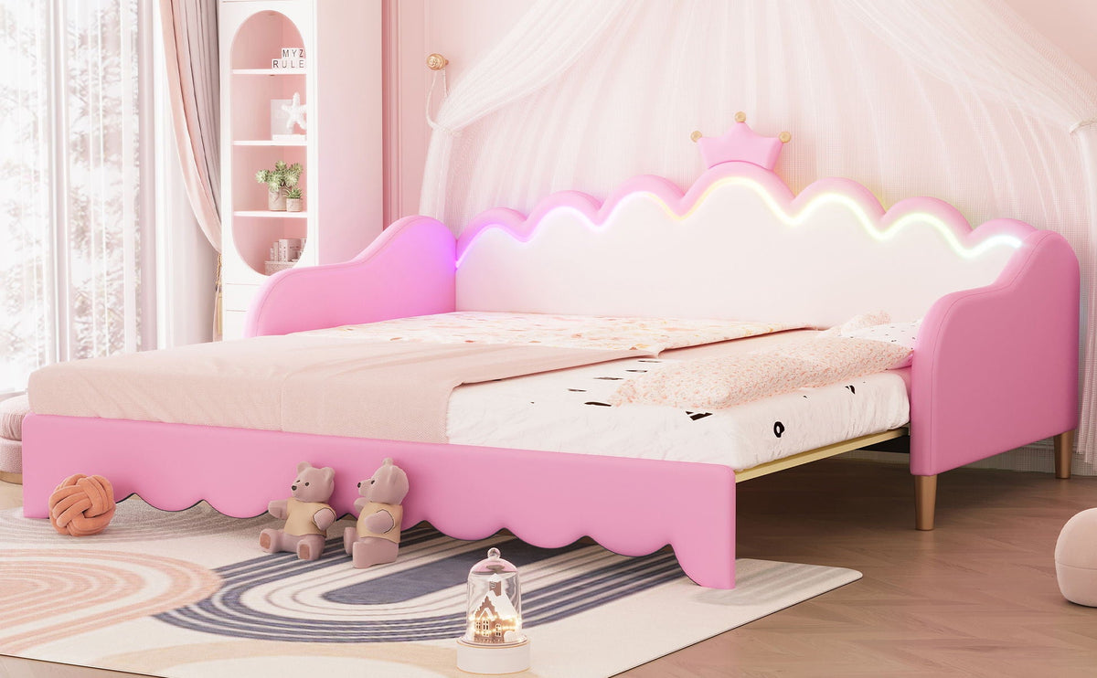 Extending Daybed With LED Lights, Modern Upholstered Princess Daybed With Crown Headboard