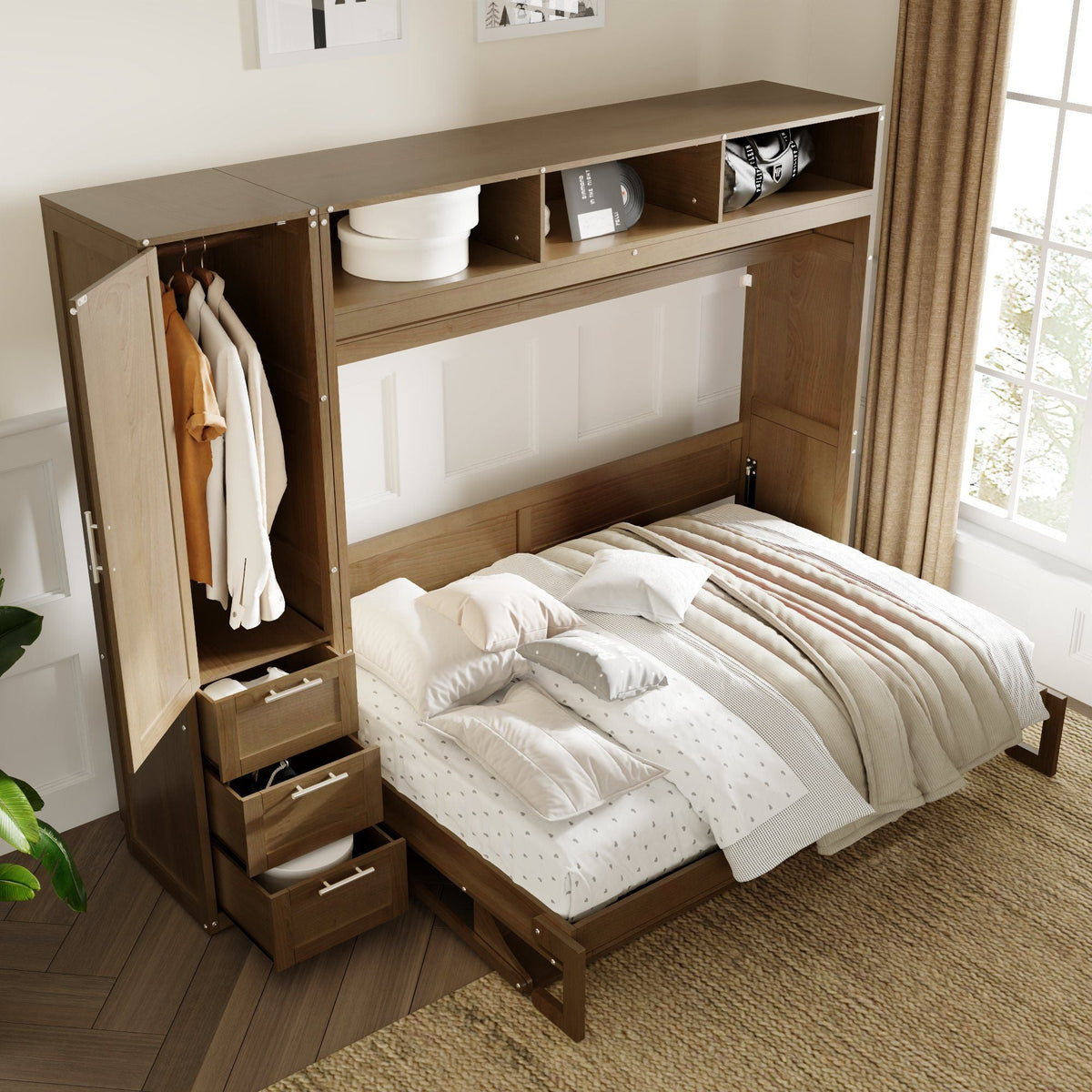 Full Size Murphy Bed With Wardrobe, Drawers, And Open Shelves - Wood