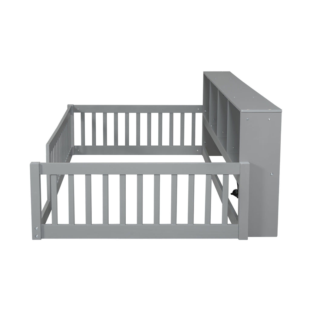 Twin Long Floor Bed With Storage Cabinets And USB Ports - Gray