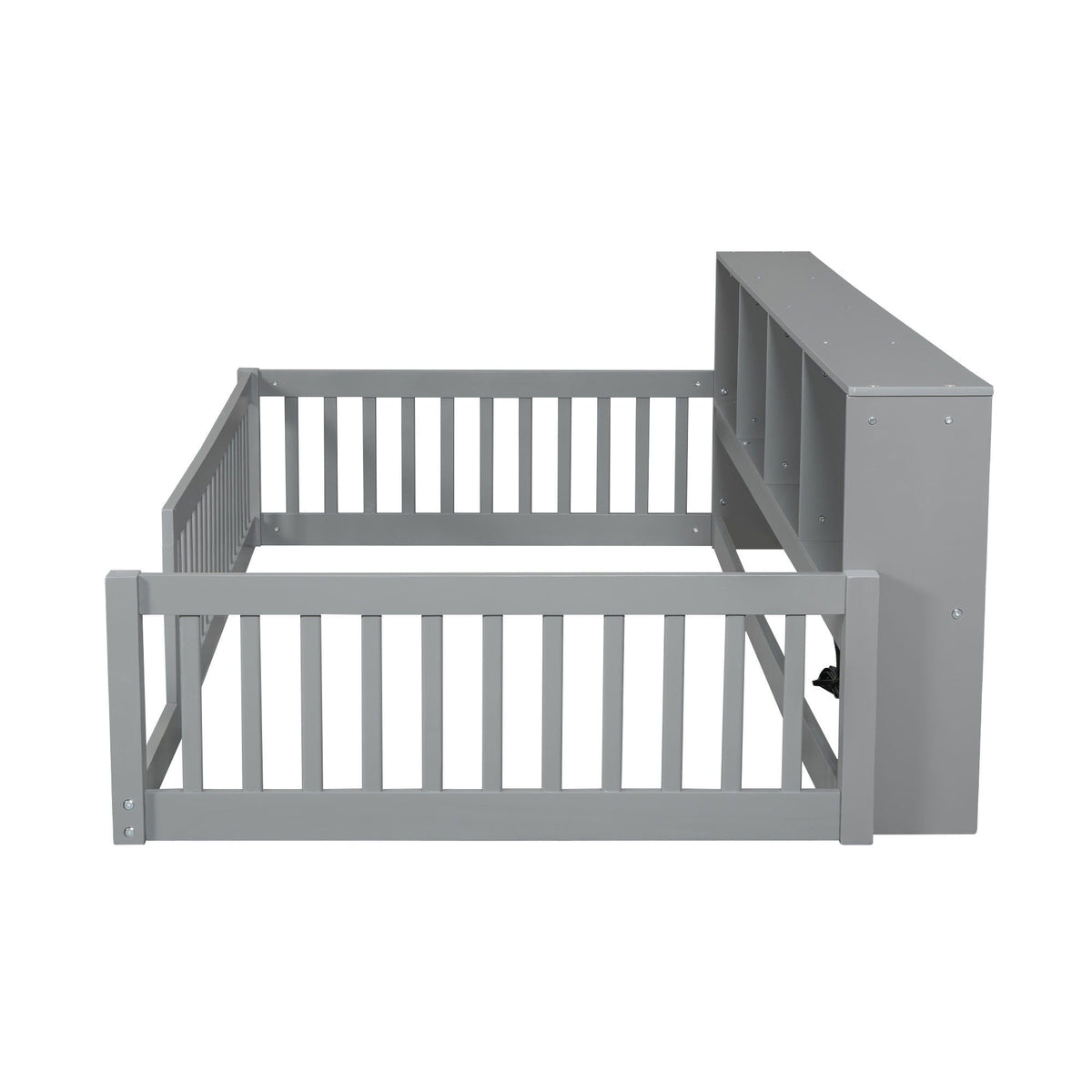 Twin Long Floor Bed With Storage Cabinets And USB Ports - Gray