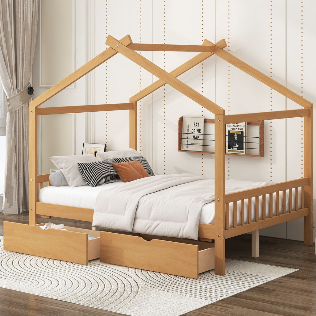 House Style Platform Bed With Headboard, Footboard, 2 Drawers, And Roof Design