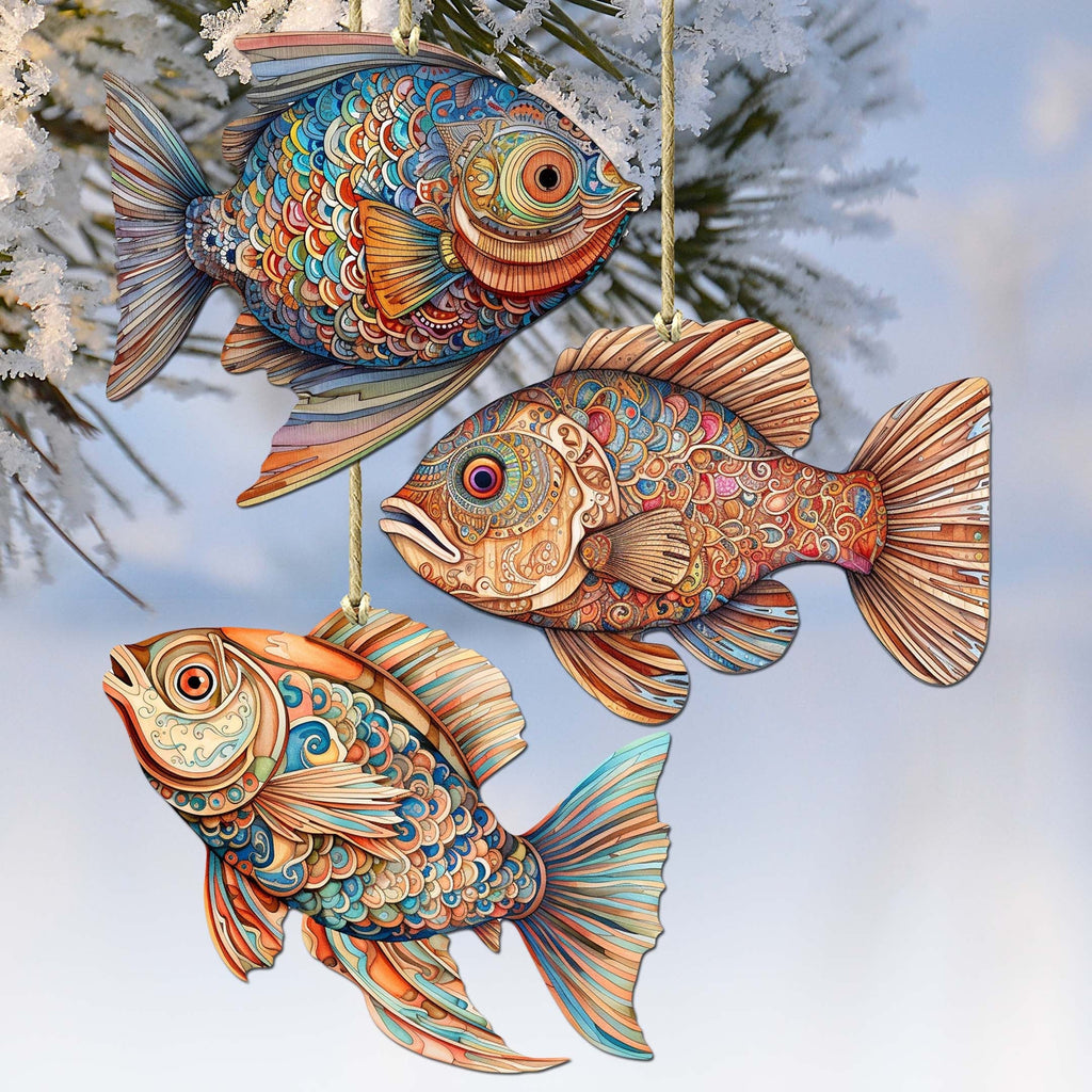 Coastal Fish Decorative Eco Wood Ornaments Set of 3 by G. Debrekht - Coastal Decor - 8091034-S3