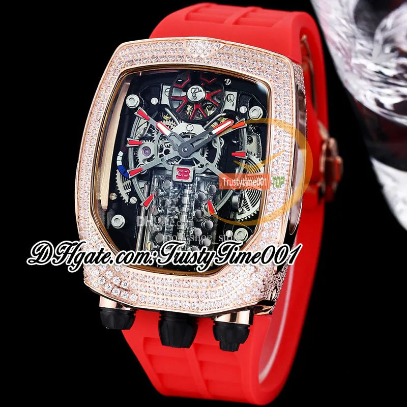 Bugatti Chiron Tourbillon Autoamtic Mens Watch 16 Cylinder Engine Skeleton Dial Iced Out Diamonds Inlay Case Blue Rubber Strap Trustytime001Watches BU200.30
