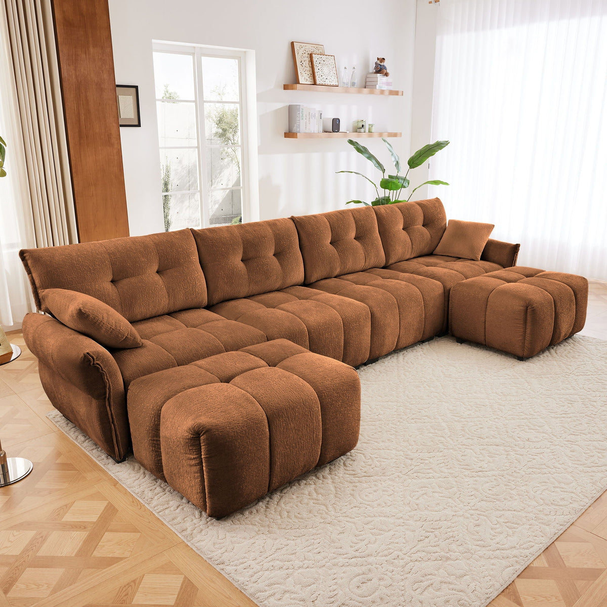 Sofa Set With Ottoman And Pillows, Textured, High Resilience Cushions