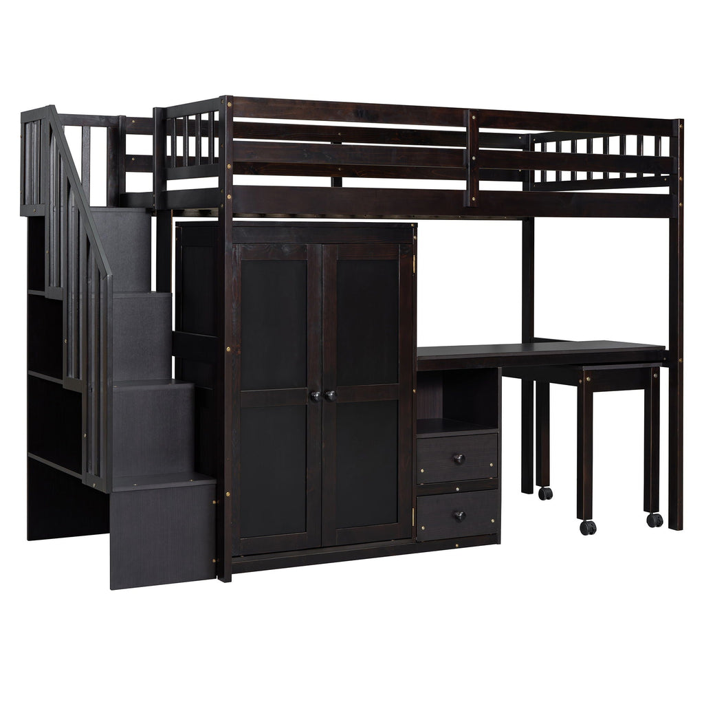 Loft Bed With Stairs, Bookshelf, Drawers, Desk & Wardrobe, Space Saving Multifunctional Furniture