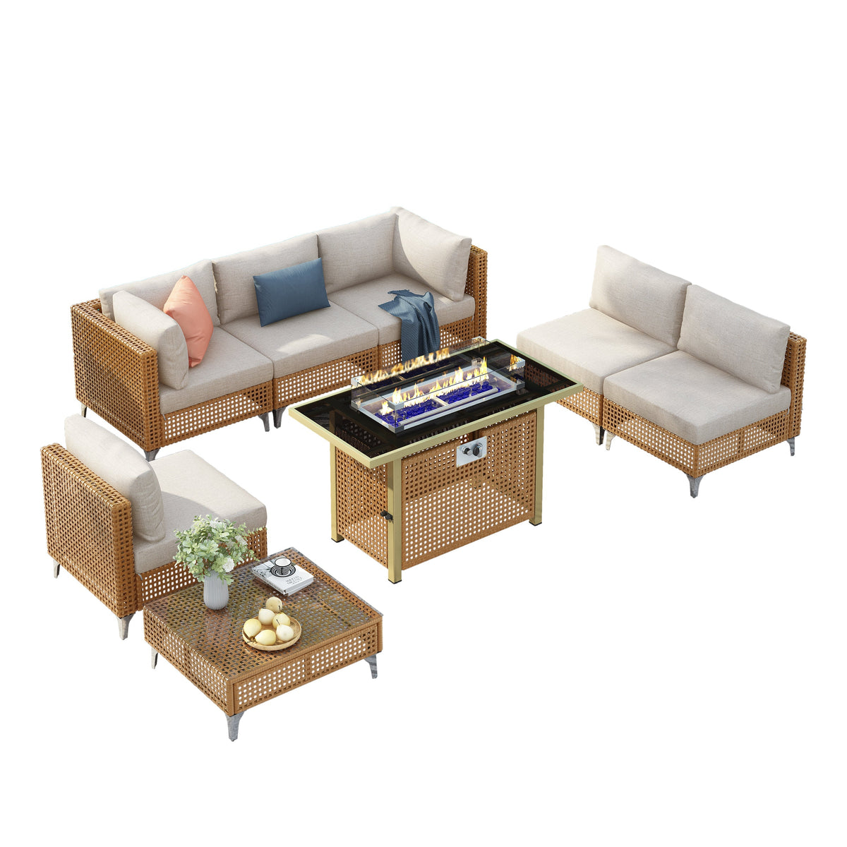 K&K 8-Piece Patio Furniture Set with Fire Pit Table