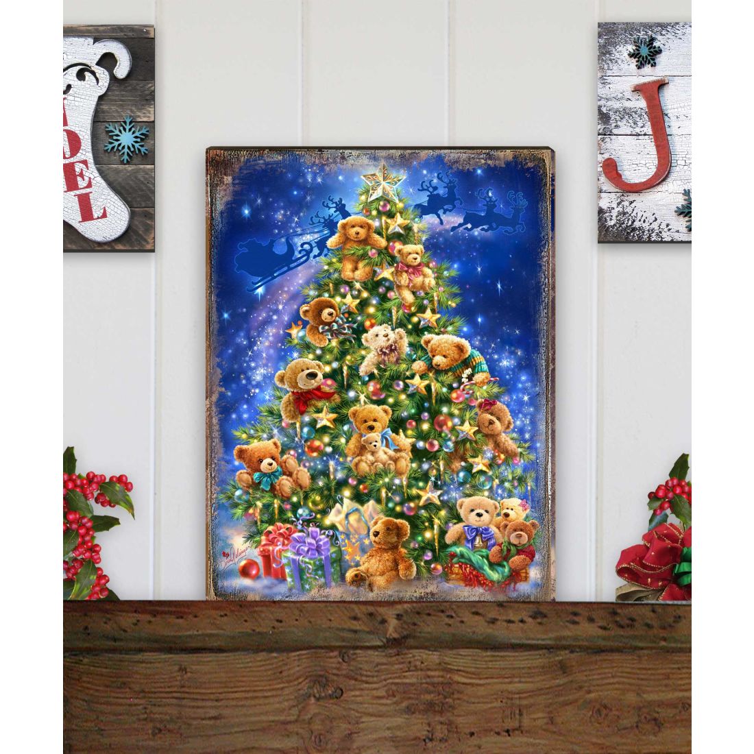 Teddy Bear Tree Wooden Wall Art by D. Gelsinger - Christmas Santa Snowman Decor - 95605B-1101