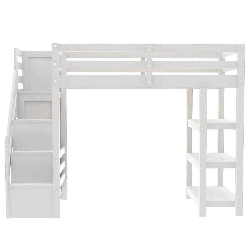 Loft Bed With 4 Layer Shelves, Storage Staircase, Small Wardrobe And LED Light