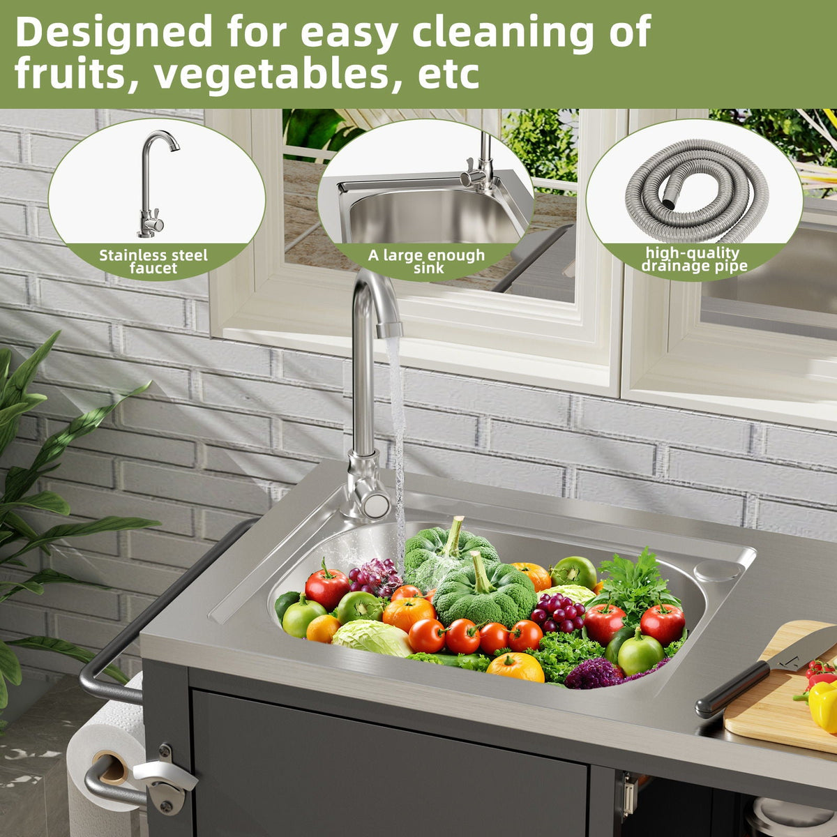 Outdoor Grill Cart With 304 Stainless Steel Sink And Cabinet - Black / Silver