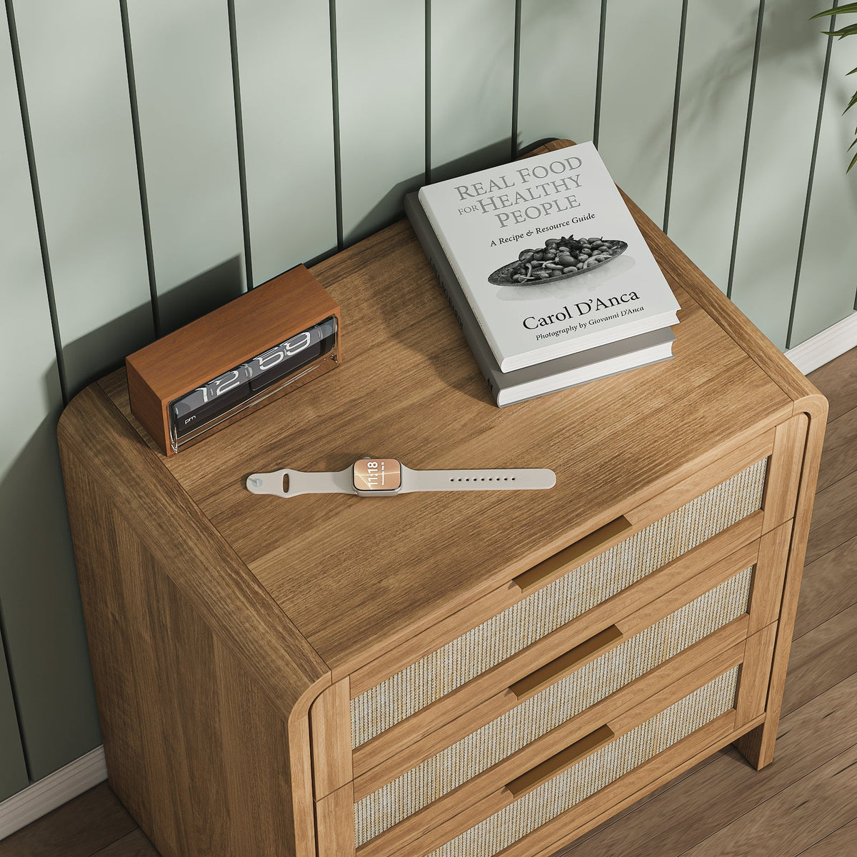 Rattan Nightstand Set of 2 with 3 Drawers in Caramel Oak