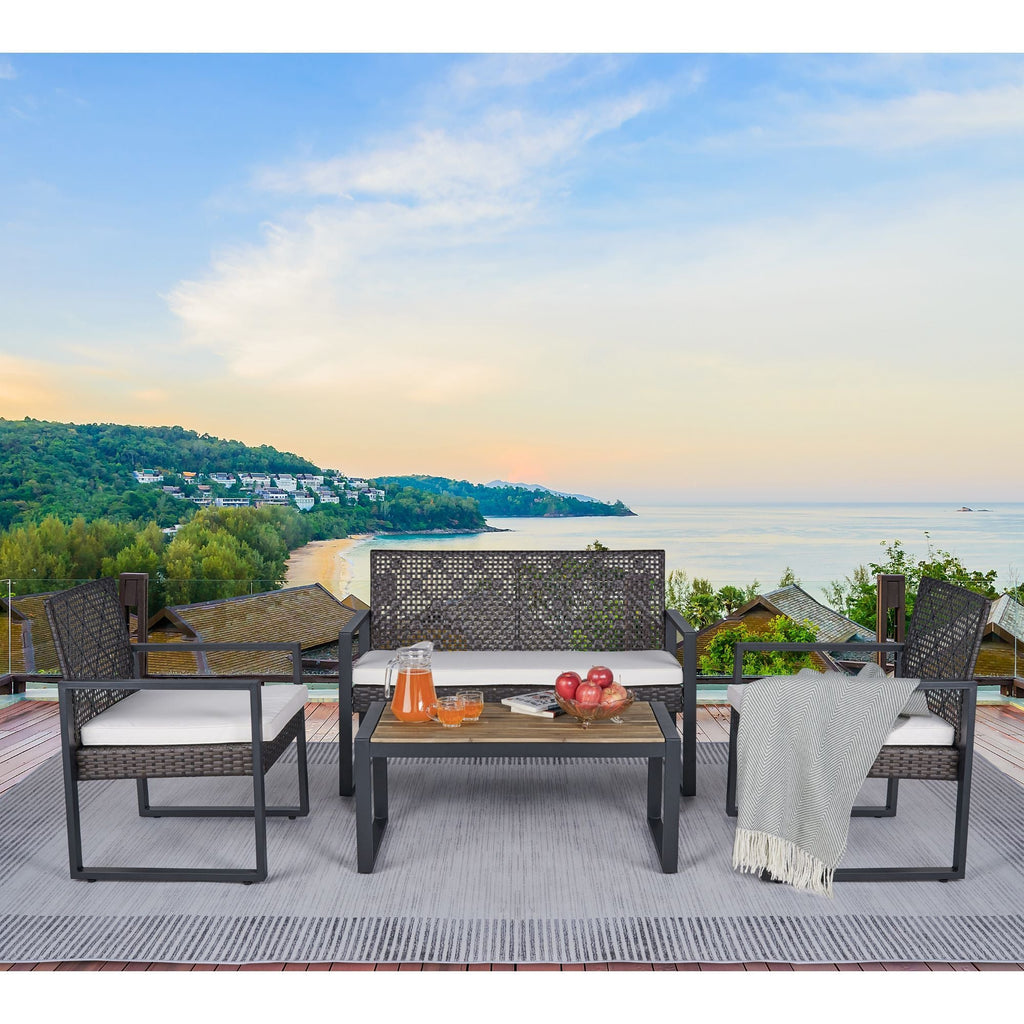 4 Piece Patio Furniture Set With Acacia Wood Table Top And Cushions