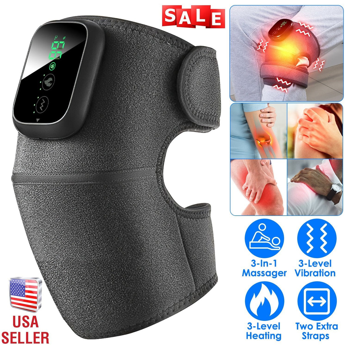 3-In-1 Heated Knee Massager Shoulder Heating Pads Elbow Brace withÊ3 Level Vibration and Heating Modes for Pain Stress Relief