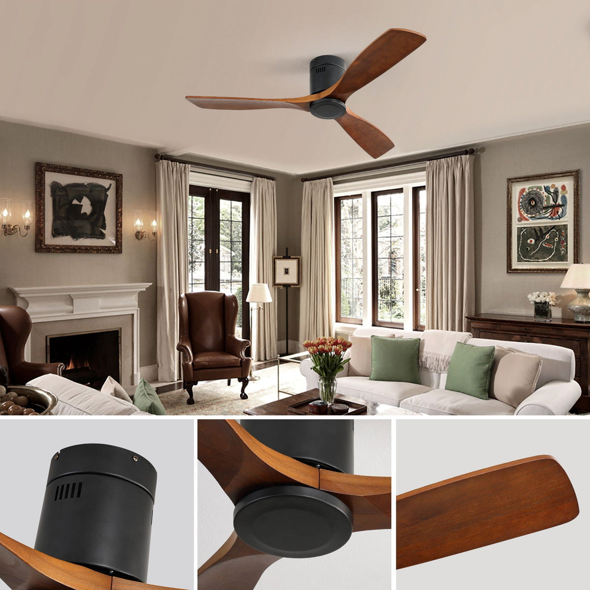 Ceiling Fan With 3 Solid Blades, Remote Controlled Reversible DC Motor - Black