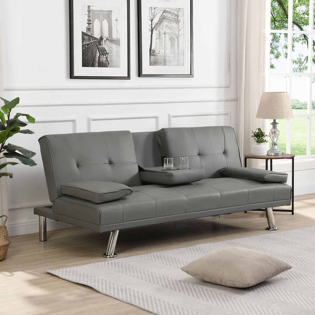 Sofa Bed With Armrest Two Holders Wood Frame, Stainless Leg Futon - Gray
