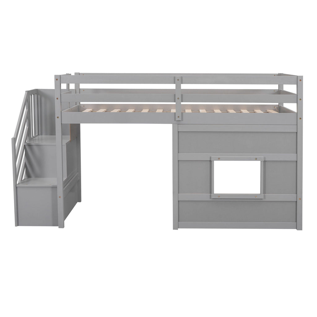 Loft Bed With Storage Staircase, Window & LED Light