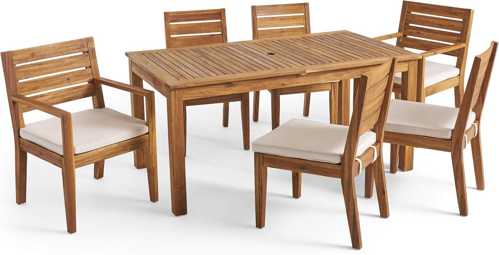 Outdoor 6 Seater Expandable Dining Set With Cushions - Sandblasted Natural / Beige