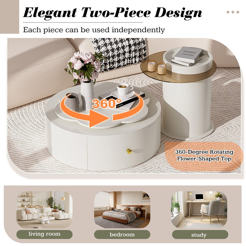 Modern Round Coffee Table (Set of 2), 360 Degree Rotatable Flower Shaped Top With 2 Drawers, Top Circle Side Table End Table With Glass For Living Room - Off White