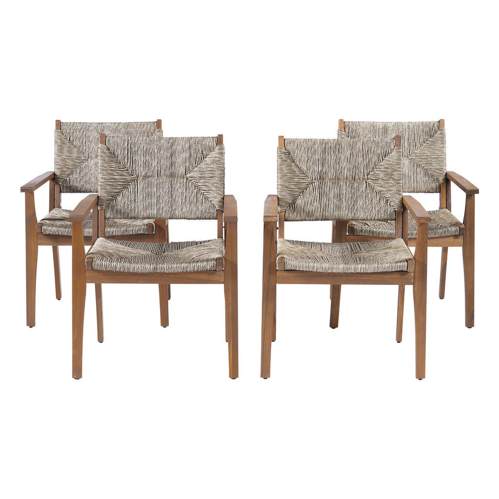5-Piece Outdoor Dining Set: Brown Round Acacia Wood Table & 4 Brown Wicker Armchairs