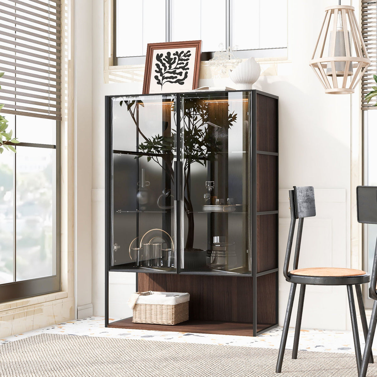 Modern Minimalist Tall Lighted Display Cabinet With Tempered Glass Door - Black / Dark Walnut