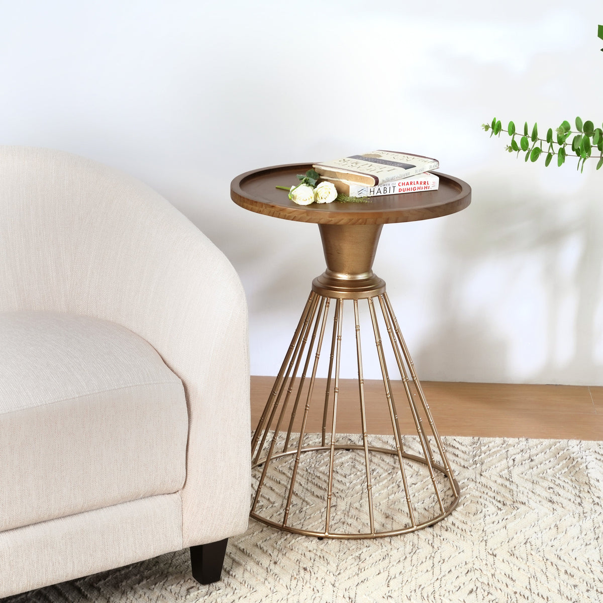 Hollow Edge Retro Art Pine Side Table with Antique Gold and Natural Color