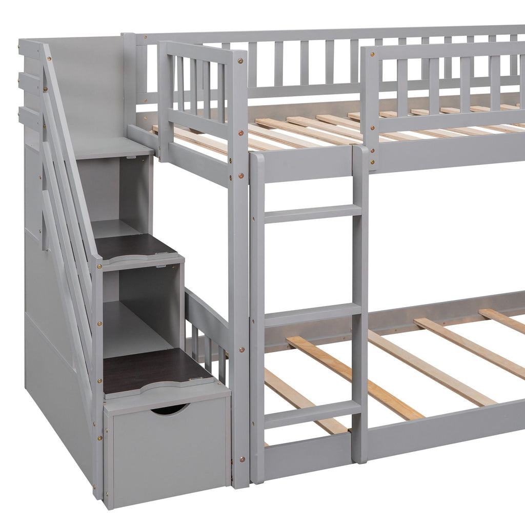 Twin Over Twin Bunk Stairway Bed With 2 Drawers And Slide - Gray