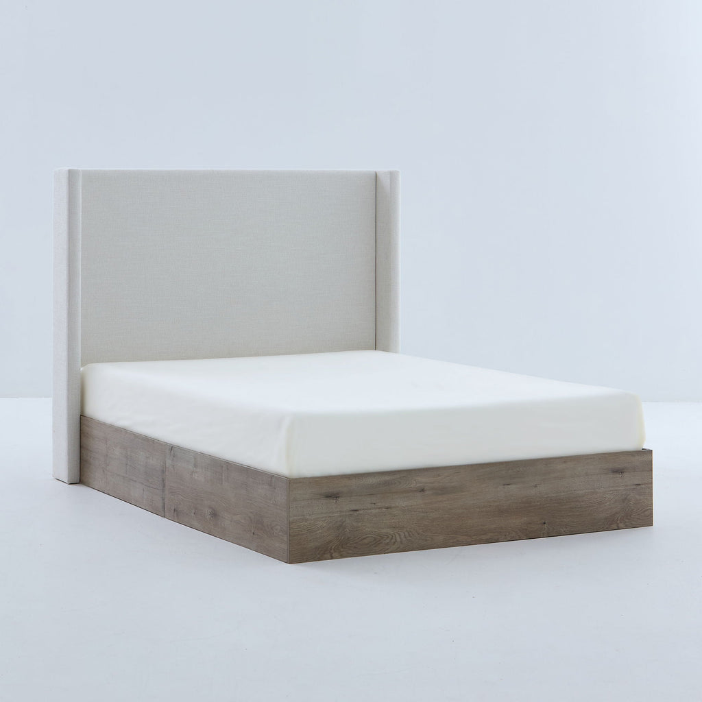 Shelton - Queen Upholstered Wingback Bed With 54" High Headboard - Ivory / Light Gray / Camel Oak