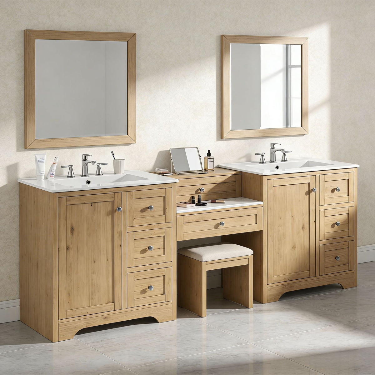 Double Sink Bathroom Vanity With Countertop, 2 Ceramic Sinks, 6 Drawers