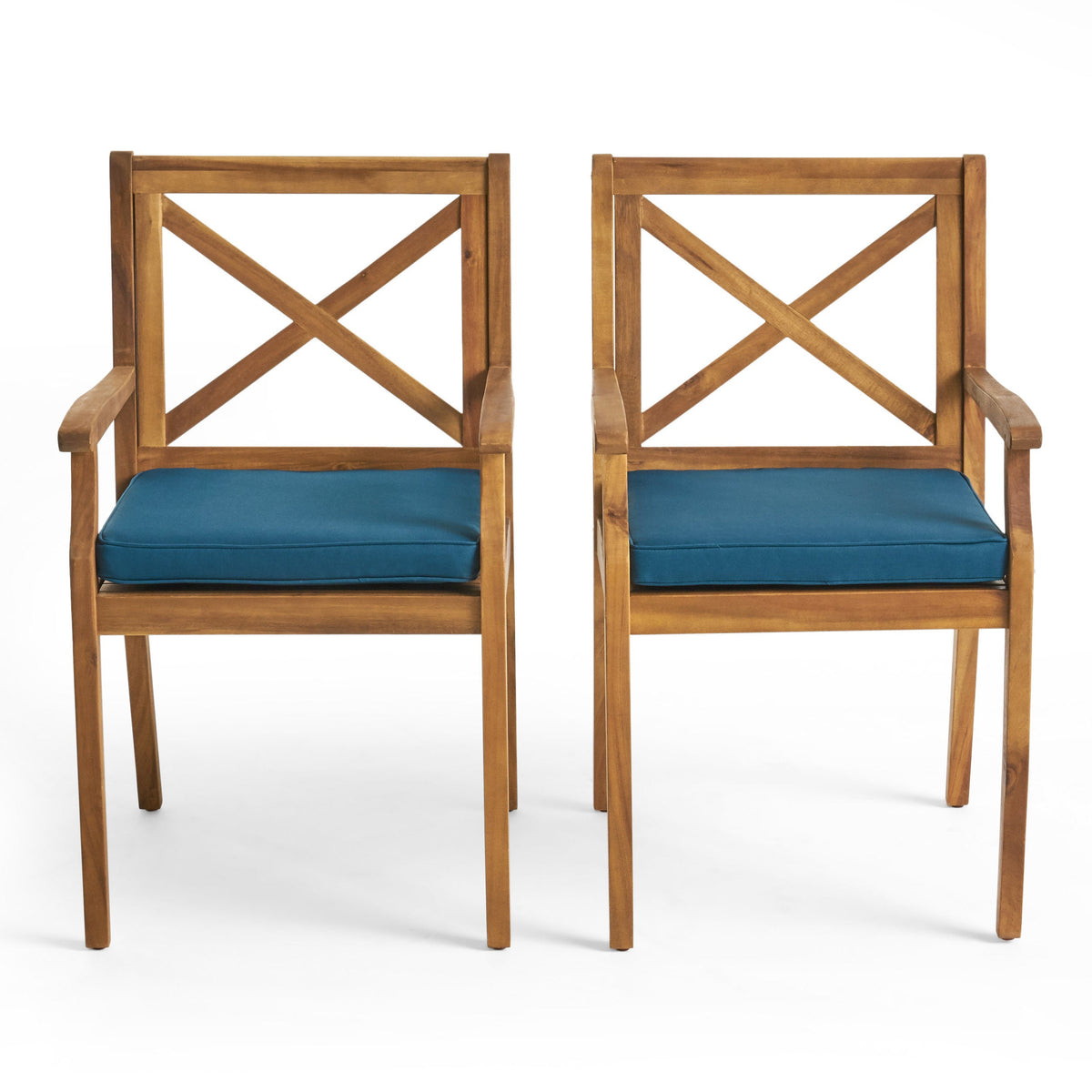 7-Piece Acacia Wood Outdoor Dining Set with Blue Cushions