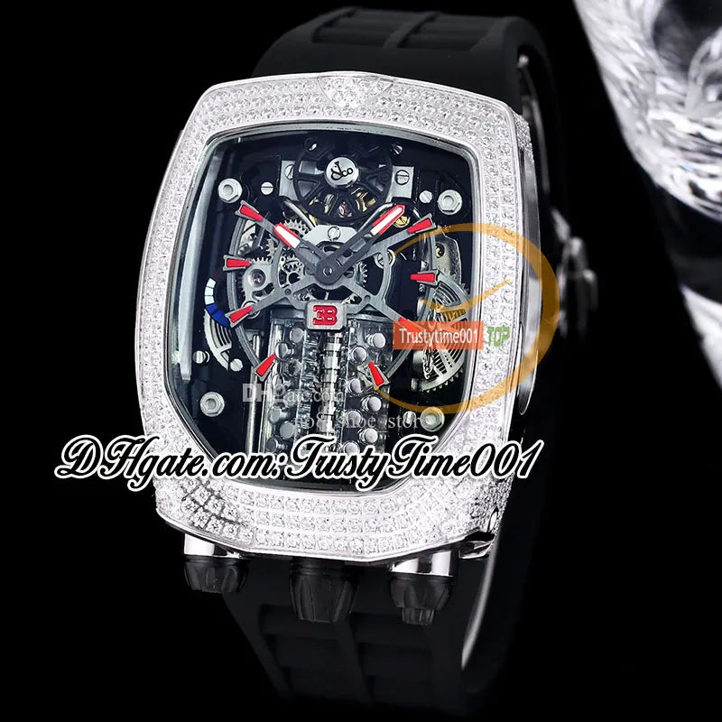 Bugatti Chiron Tourbillon Autoamtic Mens Watch 16 Cylinder Engine Skeleton Dial Iced Out Diamonds Inlay Case Blue Rubber Strap Trustytime001Watches BU200.30