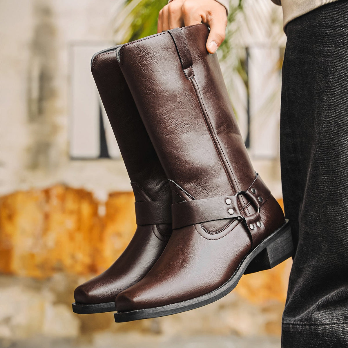 Men's Western Cowboy Boots – Square Toe Chunky Heel Slip-On
