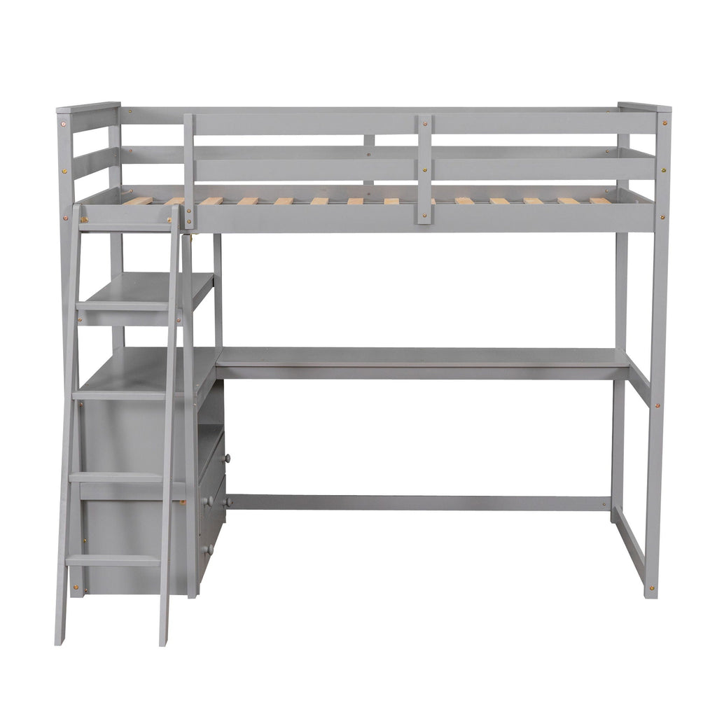 Modern Loft Bed With Built In Desk, Shelves, And 2 Drawers