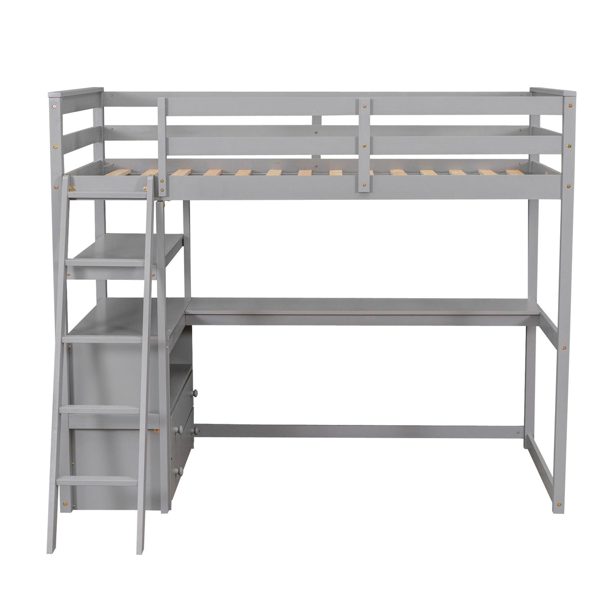 Modern Loft Bed With Built In Desk, Shelves, And 2 Drawers