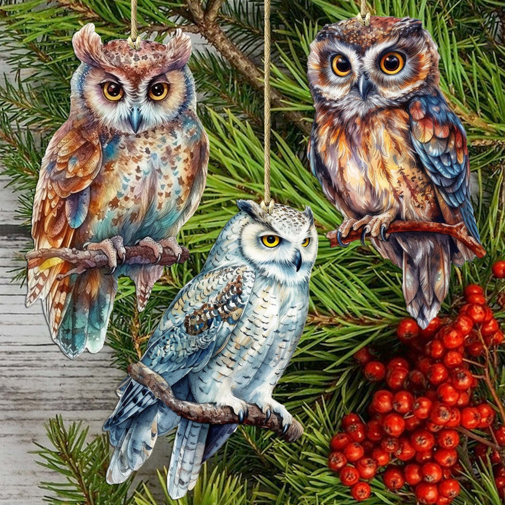 Night Owls Decorative Wooden Ornaments of 3 by G. Debrekht - Wildlife Decor - 8091004-S3