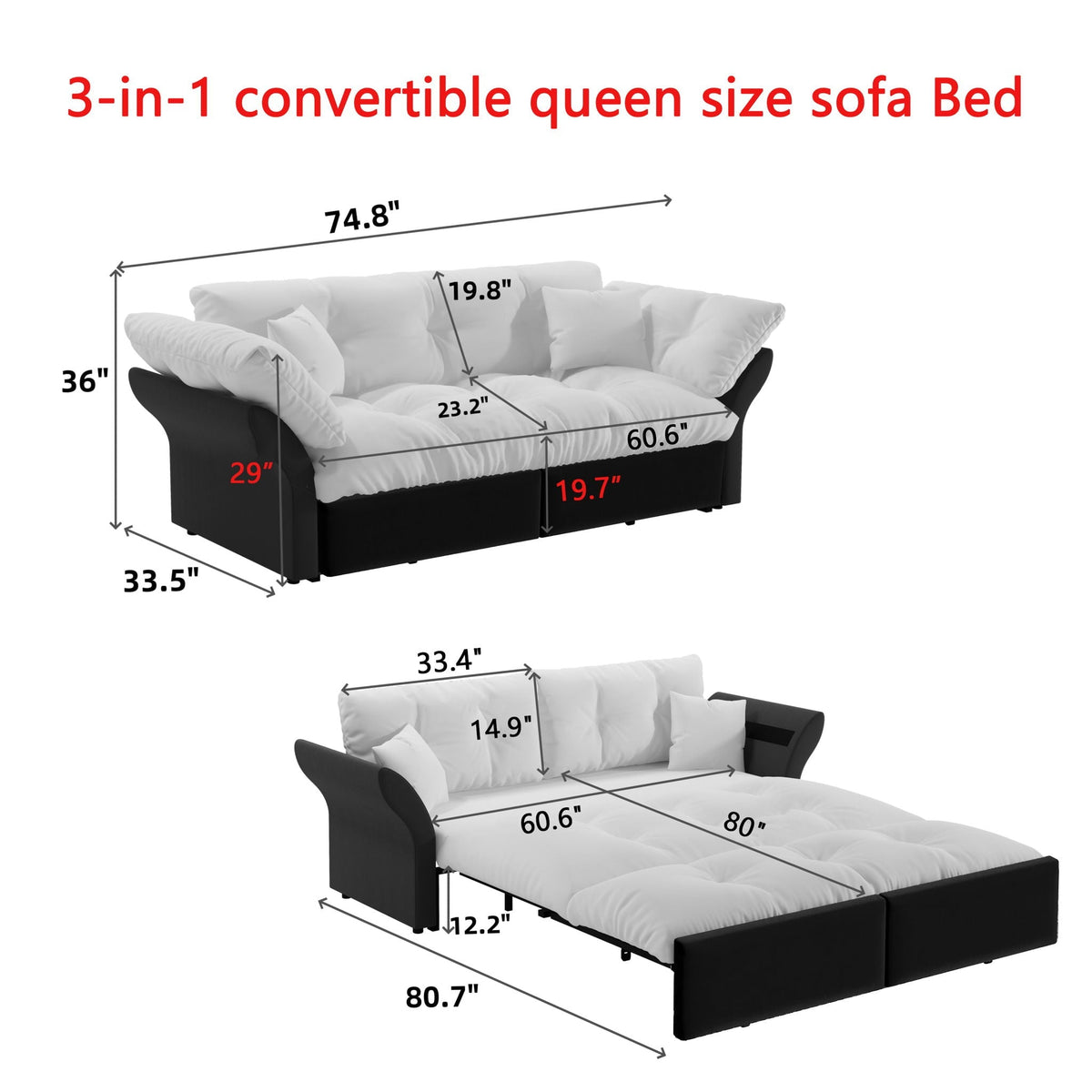 Queen Pull Out Sofa Bed, 3 In 1 Convertible Sleeper Tufted Sofa With 2 Soft Pillows