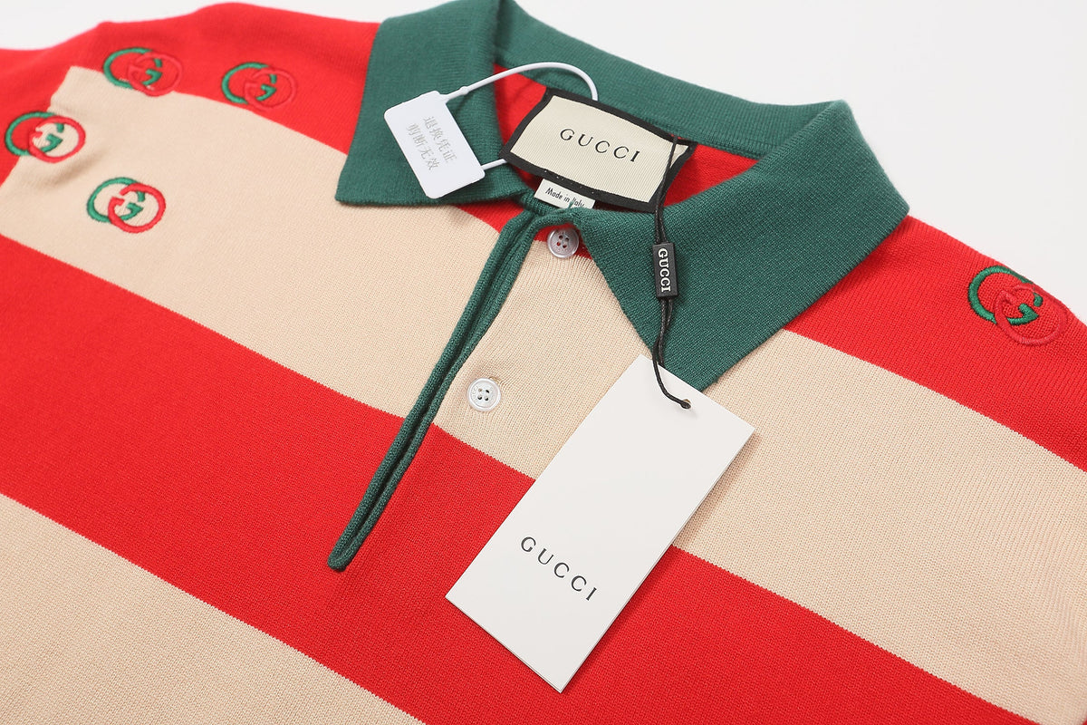 GUCCI Long sleeve polo shirt Interlocking G Knit Cream Red Green mens