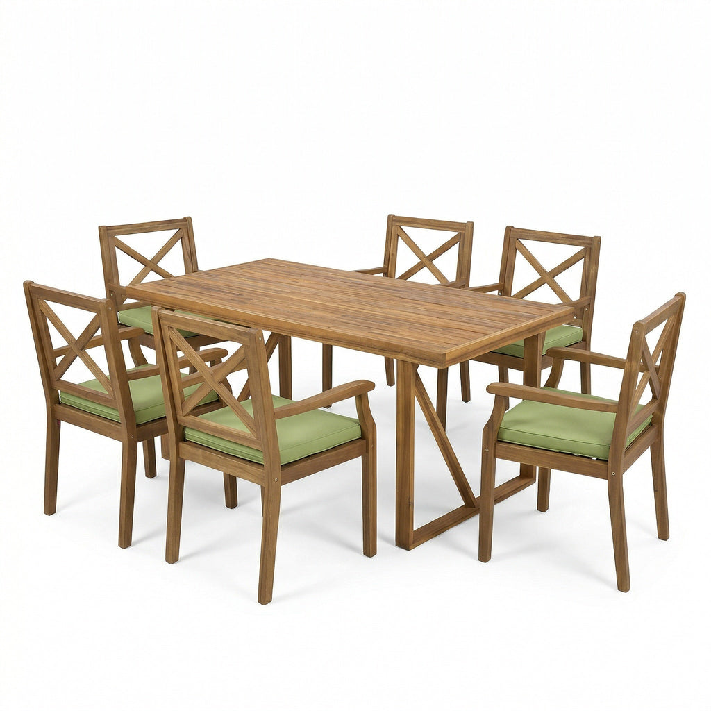 7 Pieces Acacia Wood Outdoor Dining Set with Green Cushions