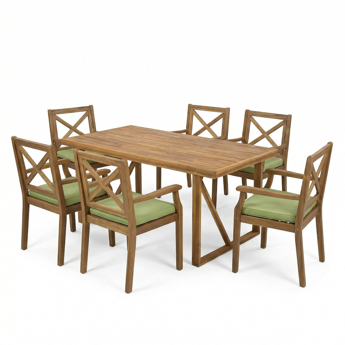 7 Pieces Acacia Wood Outdoor Dining Set with Green Cushions