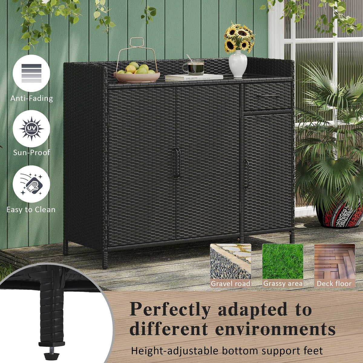 K&K 47.5"W Wicker Outdoor Storage Cabinet with Tempered Glass Top