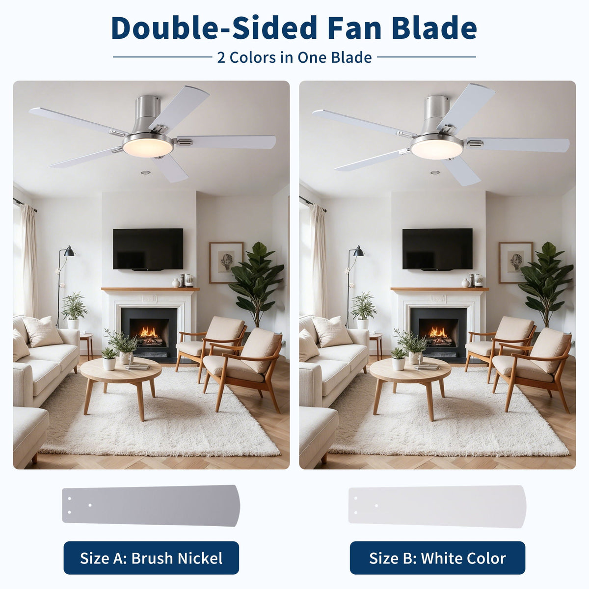 Flush Mount Ceiling Fans With LED Light And Remote Control, 5 Blades