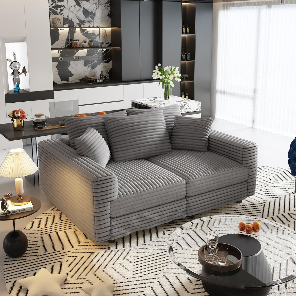 Deep Seat Convertible Sofa With Soft Pillows And Ottomans