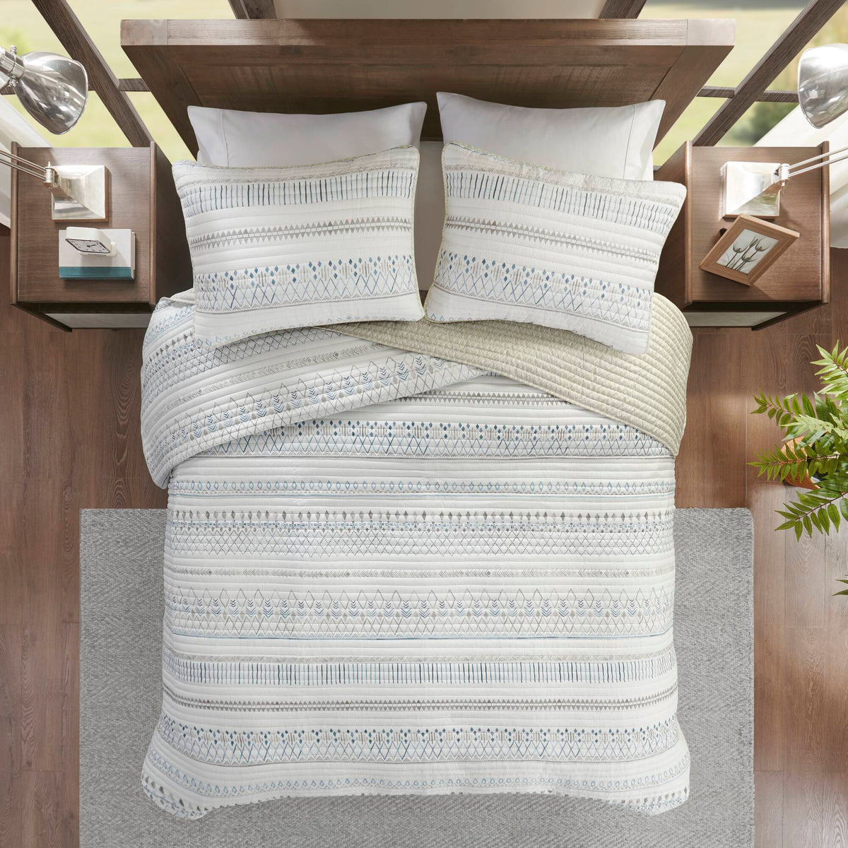 3 Piece Seersucker Quilt Set Taupe Blue King Cal King