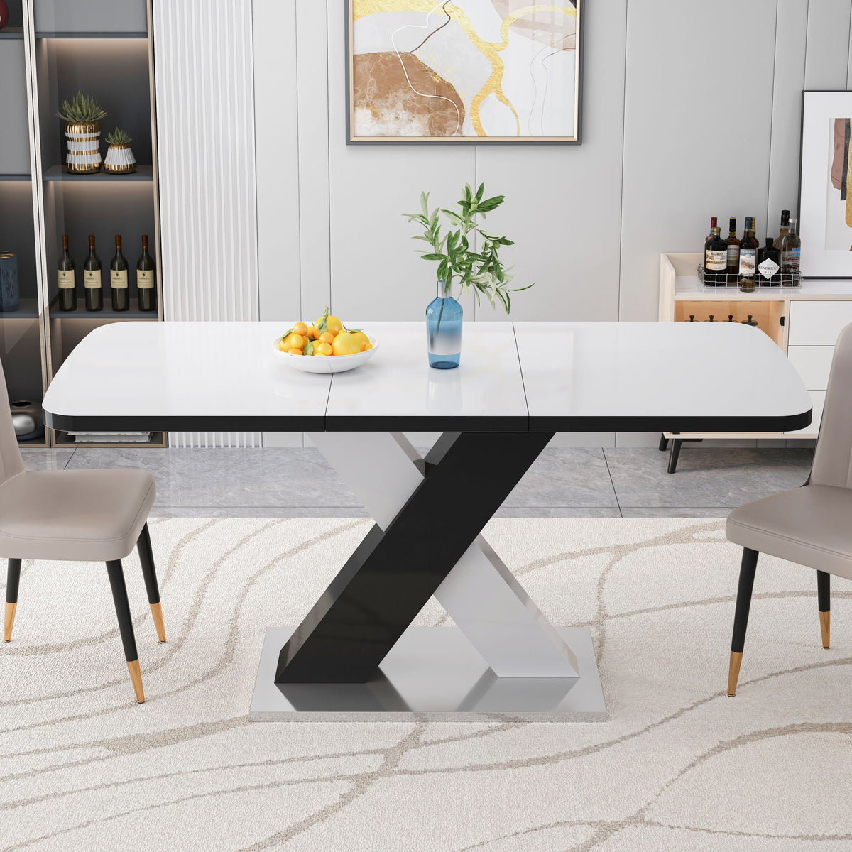 Rectangle Dining Table, Stretchable, Table Top With X Shape And Legs And Base - White / Black
